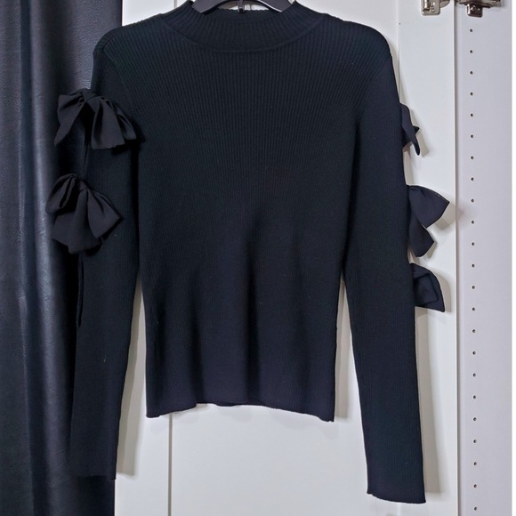 NWT INC International Concepts Black Ribbed Mock Neck Bow Sleeve Sweater‎ Size M - Picture 1 of 7